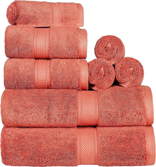 BLUENILEMILLS Madison Egyptian Cotton Towels, Towel Set for Bathroom, Shower, Hotel, Plush, 800 GSM, Highly Absorbent and Ultra-Soft Towels, Bath Essentials, 8 Piece Assorted Towel Set, Coral