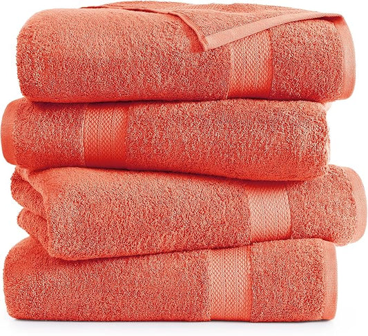 LANE LINEN 100% Ring Spun Cotton Bath Towels (28"x54") - 4 Pieces - Large Towels for Bathroom - Quick Drying, Soft & Absorbent Large Shower Towel Set - Used in Gym, Hotel, Spa, Home - Living Coral