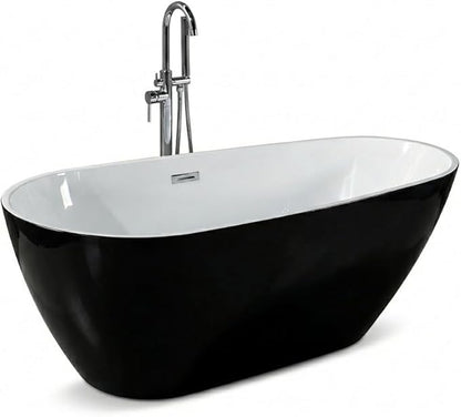Bathtub with Upturned Ends, CUPC Chrome Drain and Overflow, White Interior and Black Exterior, Built-in Overflow, Fiber-Coated Fixing Bracket
