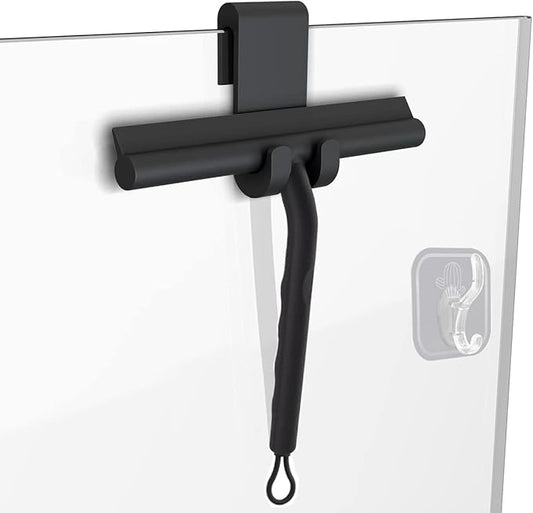 Squeegee for Shower Glass Doors, Resilient Loop - No-Drill & Adhesive Hook, Silicone Shower Squeegee with Stainless Steel Core, Cleaning Tool for Home, Kitchen, Bathroom & Car - Black