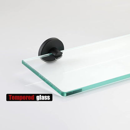 JQK Bathroom Glass Shelf Black, Tempered Glass Shower Storage 30 by 5 inches, 304 Stainless Steel Matte Black Wall Mount, TGS101L30-PB