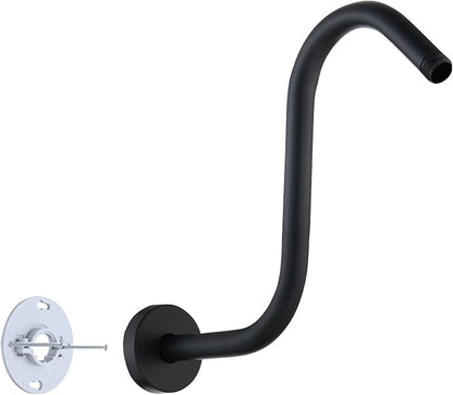 Shower Head Arm 10 Inch Matte Black, S Shaped Shower Head Extender Arm with Flange and Stabilizer