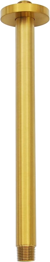 Aquaiaw Shower Arm and Anti-Scratch O-Ring Flange, Solid Brass, Both Soldered 1/2 NPT Tapered Threads, 12 inch Ceiling Mount Straight Rainfall Shower Head Arm Extension (Brushed Gold, Round)