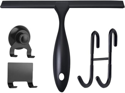 12'' Light Weight Stainless Steel Shower Squeegee for Glass Doors with 4 Pieces Set (1 Window Squeegee, 1 Door Hook and 2 Adhesive Hooks) Perfect Cleaning Tool for Car, Window, Bathroom Mirror