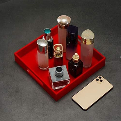 Sturdy Red Acrylic Serving Tray with Handles - 10x10Inch, Coffee/Appetizer/Butler Tray - Kitchen Countertop & Vanity Table Organizer