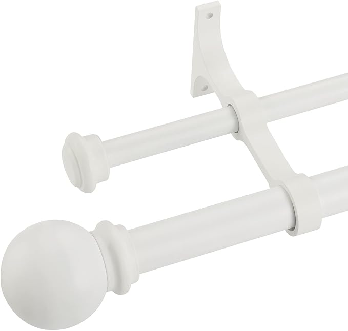 Double Curtain Rod 28 to 48 inch, Adjustable 1 inch Double Drapery Rod Rods for Windows and Doors with Ball Round Finials and Premium Aluminum Brackets Set(28-48",Matte White)