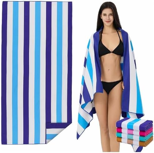 Microfiber Extra Large, Oversized Beach Towels (70x35'') -4 Pack XL Quick Dry Blue Pink Aqua Coffee Striped Towels for Adults & Women，Sand Free for Pool,Swim,Travel,Absorbent & Lightweight