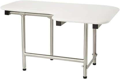 28" x 22.5" White Padded Wall Mount Folding Left-Handed Transfer Bench Shower Seat with Legs, ADA Compliant