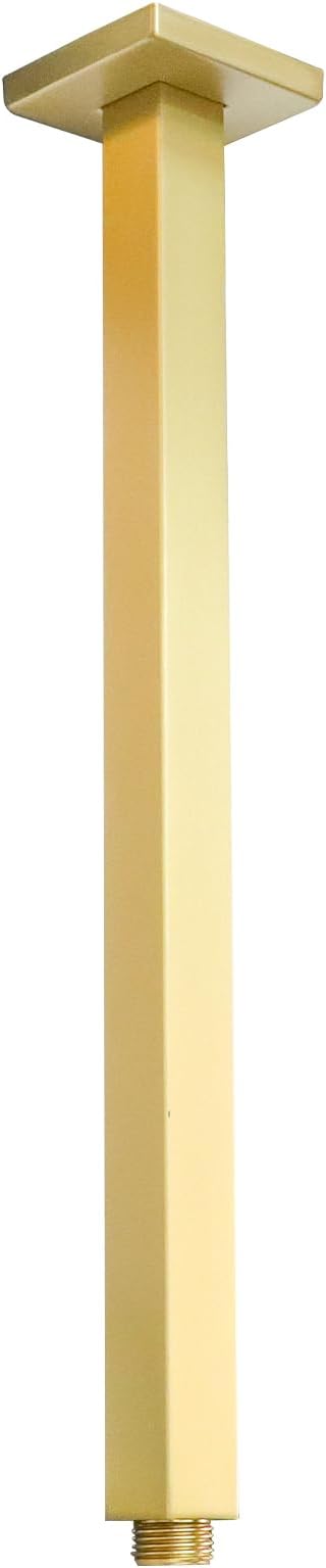 Brushed Gold Shower Arm with Flange and Teflon Tape for High Ceiling or Fixed Rain Showerhead, Universal Connection 16-inch Square Straight Shower Head Extender Extension Pipe, 304 Stainless Steel