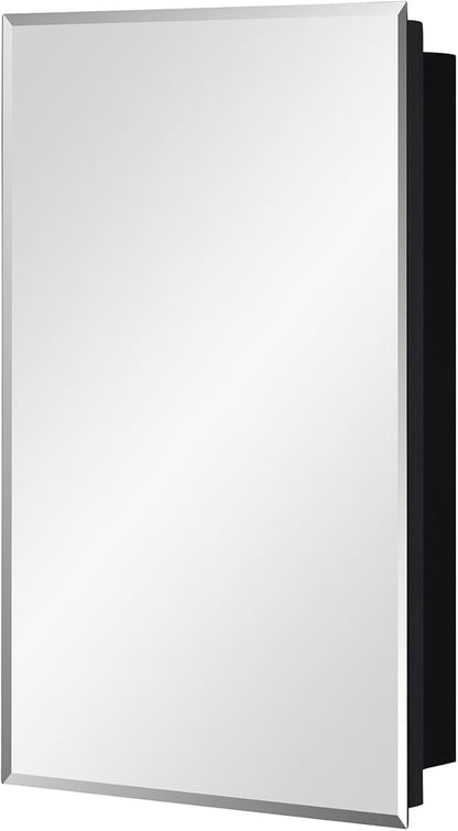 Black Bathroom Medicine Cabinet with Beveled Edge Mirrored Door 15 x 24 inch, Recessed or Surface Mount, with Adjustable Glass Shelves