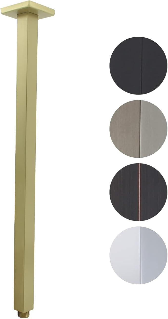 Shower Arm with Flange 24 Inches Ceiling Mount Square Straight Extender Extension Pipe Replacement, Extra Long Shower Arm For Fixed Rain Shower Head or High Ceiling,Brushed Gold