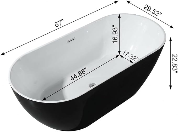 67" Freestanding Acrylic Bathtub, Deep Soaking Tub with Non-Slip Base & Chrome Drain, cUPC Certified, Black Symmetrical