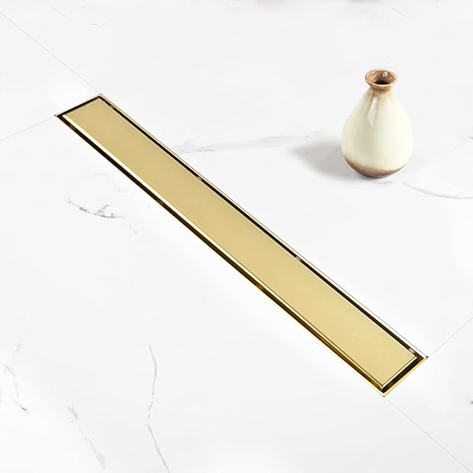 Linear Shower Drain, 18 inch Gold Drain with Tile Insert 2-in-1 Panel, Brushed 304 Stainless Steel Gold Shower Floor Drain, Linear Drain with Hair Strainer and Adjustable Feet