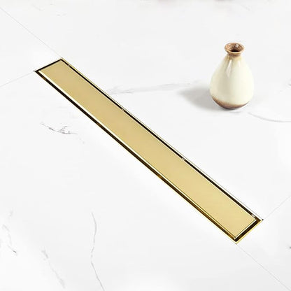 Linear Shower Drain, 32 inch Gold Drain with Tile Insert 2-in-1 Panel, Brushed 304 Stainless Steel Gold Shower Floor Drain, Linear Drain with Hair Strainer and Adjustable Feet