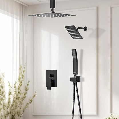 Shower Faucet Set Matte Black Shower Systems, STARBATH 3 Way Shower Faucet with 2 in 1 Handheld, Ceiling Mount 12+6" Dual Rain Shower Head for Two People, Shower Valve with 5 Diverter Complete