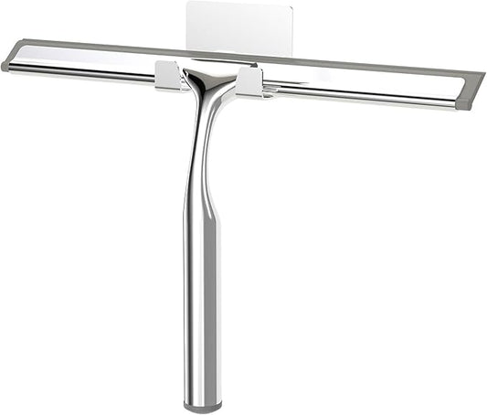Shower Squeegee for Glass Doors, Stainless Steel Shower Squeegee for Bathroom, Window and Tiles, All-Purpose Squeegee with Adhesive Hook-10”, Chrome