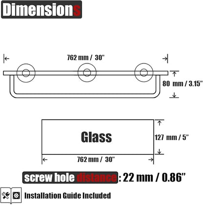 JQK Bathroom Glass Shelf, Shelf with 29 Inch Towel Bar Tempered Glass Shower Storage 30 by 5 inches, 304 Stainless Steel Matte Black Wall Mount, TGS100L30-PB