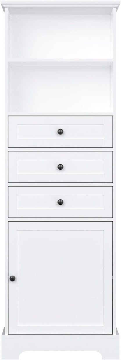 Favfurish 67" Tall Bathroom Storage Cabinet with Door and 3 Drawers,Modern Linen Cabinets w/Adjustable Shelf & 2-Tier Open Shelves,Freestanding Organizer for Bath Room,Study,Office,White