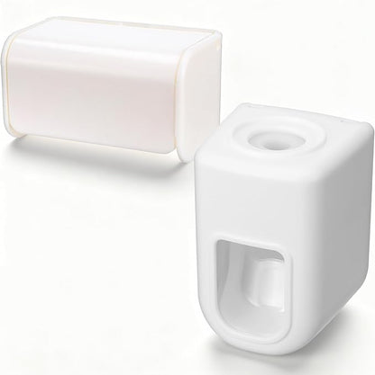 2 Slots Wall Mount Toothbrush Holder with Cover, Self Adhesive Toothbrush Storage Organizer for Shower Waterproof and Dustproof, with Automatic Toothpaste Squeezer Dispenser for Family & Travel