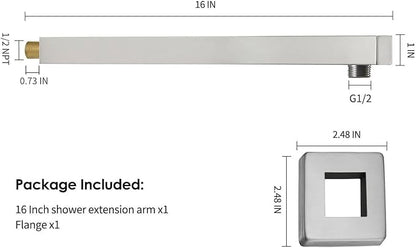 BESy 16 Inches Straight Extended Shower Arm With Flange, Rain Shower Head Extension Arms, Square Shower Rod Shower Head Extender Arm Shower Pipe Extension, Wall-Mounted Brushed Nickel Stainless Steel
