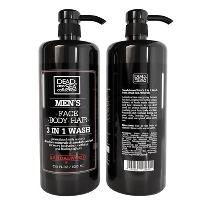 Dead Sea Collection Mens Body Wash 3 in 1 – Sandalwood Body Wash for Men – Shower Gel – Shampoo – Shower Soap for Face and Hair – Pack of 2 Bottles (33.8 Fl. Oz. Each)