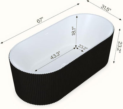 67 Inch Acrylic Freestanding Bathtub – Stripe Design, Free Standing Soaking Tub with Overflow & Pop-Up Drain, Black Exterior White Interior, Stand Alone Tub for Contemporary Bathrooms