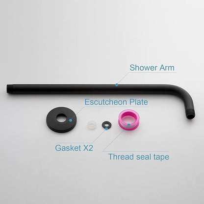 OFFO Shower Arm with Flange, 16 in Wall Mount Replacement Angle Shower Head Arm Wall-Mounted For Fixed Shower Head & Handheld Showerhead, Matte Black