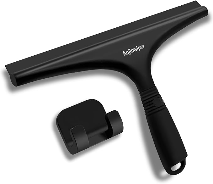All-Purpose Shower Squeegee for Glass Doors with Hook, Silicone Squeegee for Shower Glass, Shower Doors, Windows, Bathroom, Mirrors and Tiles（10 inch, Black）