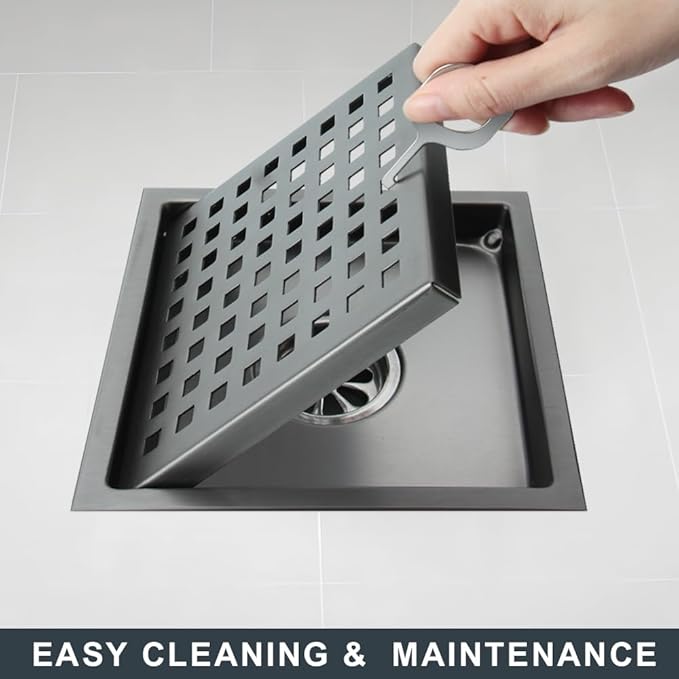 4 Inch Square Shower Drain, SUS 304 Stainless Steel Shower Drain with Flange, Removable Grid Cover Hair Strainer, High Flow Shower Floor Drain, Gun Grey