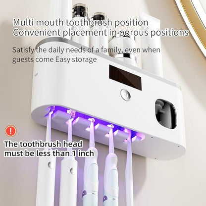 Toothbrush Holders for Bathrooms, Toothbrush Holder Wall Mounted with Toothpaste Dispenser Bathroom Solar Charging and No Drilling Required Tooth Brush Holder with 5 Brush Slots（Gray）