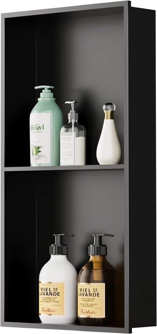 Stainless Steel Shower Niche, 12" x 24" No Tile Needed Recessed Wall Niche with Shelf for Bathroom Storage (Matte Black)