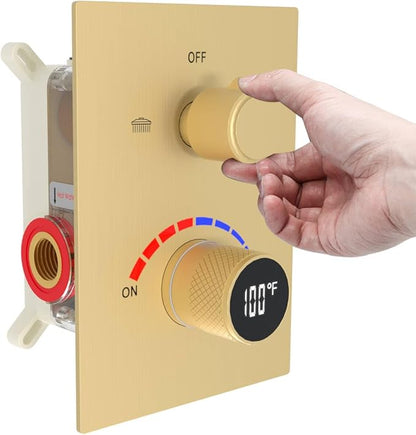 Temperature Display 2 Way Shower Valve Brass Rough-in and Rectangle Trim Kit, Dual Function Digital Shower Mixer Valve, Brushed Gold