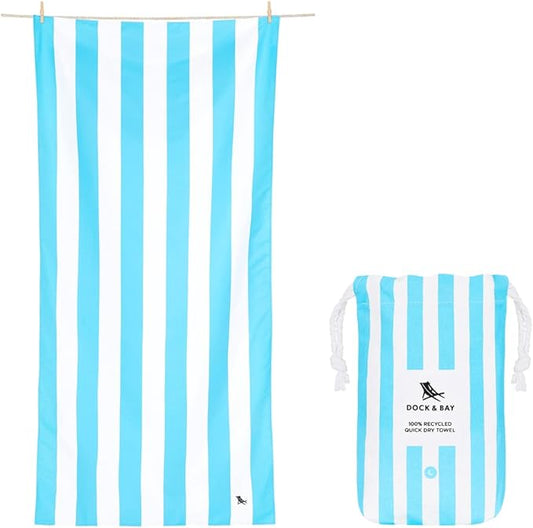 Dock & Bay Customized Beach Towel - Quick Dry, Sand Free - Compact, Lightweight - 100% Recycled - Includes Bag - Cabana Light - Tulum Blue- Large