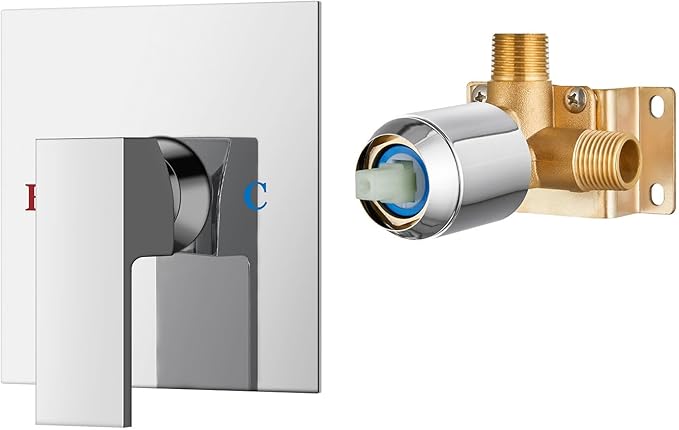 Airuida Square Single-Function Brass Faucet Shower Rough-in Valve Male Thread Bathroom Trim Kit Single Handle Tub Shower Valve 5.5 Inch Cover Plate Chrome Polish