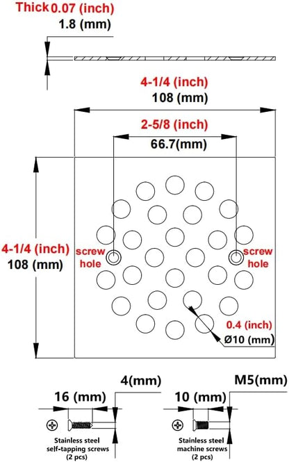 4-1/4 Inch Screw-in Square Floor Drain Cover Replacement Shower Grates with Screws (Black)