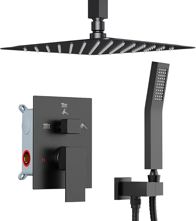 Shower Faucet Set Matte Black Shower System, Starbath 8" Rain Shower Head and Handheld Spray Shower Set Complete Ceiling Mounted,2 Way Pressure Balance Shower Valve and Trim Kit Included