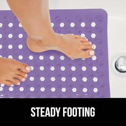 GORILLA GRIP Patented Bath Tub Shower Mat, Machine Washable Bathtub Floor Liner Mats, Suction Cups and Drain Holes to Keep Tubs Clean, Soft on Feet, Bathroom Essentials, 35x16 Inch, Purple Opaque