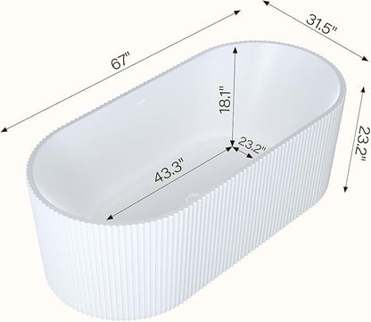 67" Free Standing Tub, Acrylic Soaking Bathtub, Stand Alone Freestanding Tub with Matte Sliver Drain and Overflow, Contemporary Bathtub for Bathroom, Pleated Gloss White