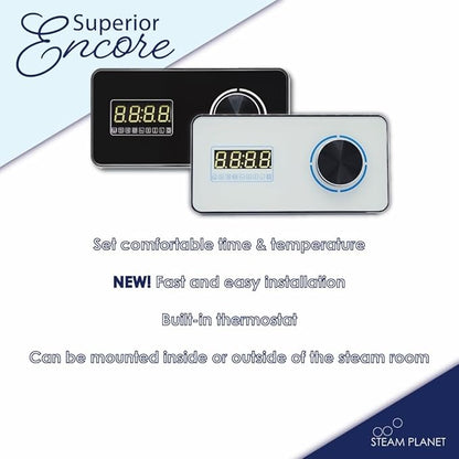 Superior Encore 9kW Steam Shower Generator Kit with Horizontal Black Keypad & Set of 6 Aromatherapy Oils |Self-Draining Steam Bath Generator|One-click Connection Cord|