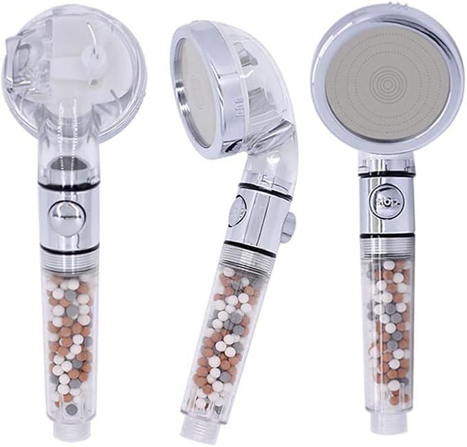 Filtered Shower Head with Handheld, 3 Spray Modes, Ecowater, Anion Mineral beads Purifying Water, ON/OFF Button, Adjustable shower holder and shower hose, 0.35kg