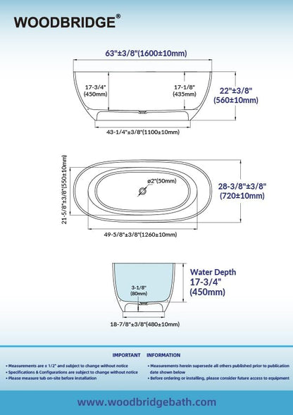 WOODBRIDGE 63" L x 28-3/8" W Transparent Gray Stone Resin Freestanding Soaking Tub with Double Ended Design