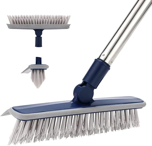 2 in 1 Floor Scrub Brush Grout Brush with 57.8" Long Handle,120°Rotatable Shower Tile Grout Scrubber,V-Shaped Corner Brush for Hard to Reach Areas (Grey)
