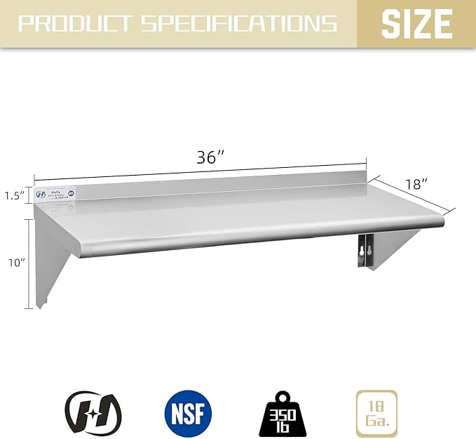 HALLY SINKS & TABLES H Stainless Steel Shelf 18 x 36 Inches, 350 lb, Commercial Wall Mount Floating Shelving for Restaurant, Kitchen, Home and Hotel