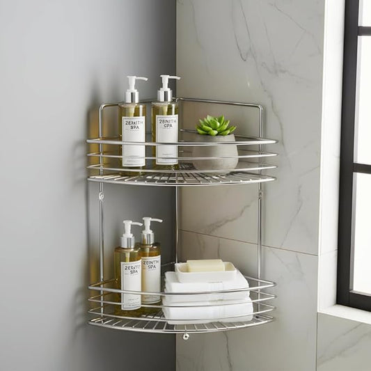 2-Tier Floor Standing Corner Shower Caddy - Sturdy Stainless Steel Bathroom Organizer Includes 2 Screws and Anchors - Freestanding or Wall-Mounted Shower Caddy - Silver