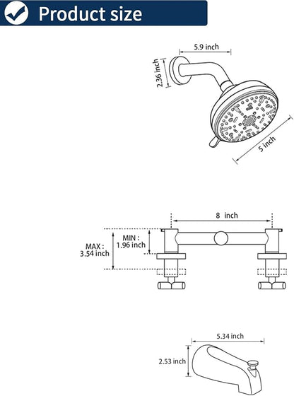 2 Handle Shower Faucet Set with Tub Spout Bathtub Shower Faucet Combo Set Shower System Complete Tub and Shower Trim Kit Matte Black Wall Mounted Shower Fixtures