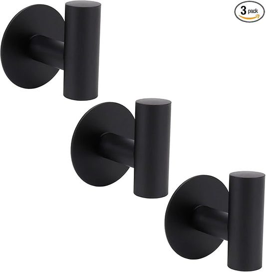 TocTen Bath Towel Hook, Strong Self Adhesive Robe Hook, SUS 304 Stainless Steel Stick on Wall Coat/Clothes Hook No Drilling, Shower Wall Hook for Bathroom Kitchen Office Closet(Matte Black, 3 Pack)
