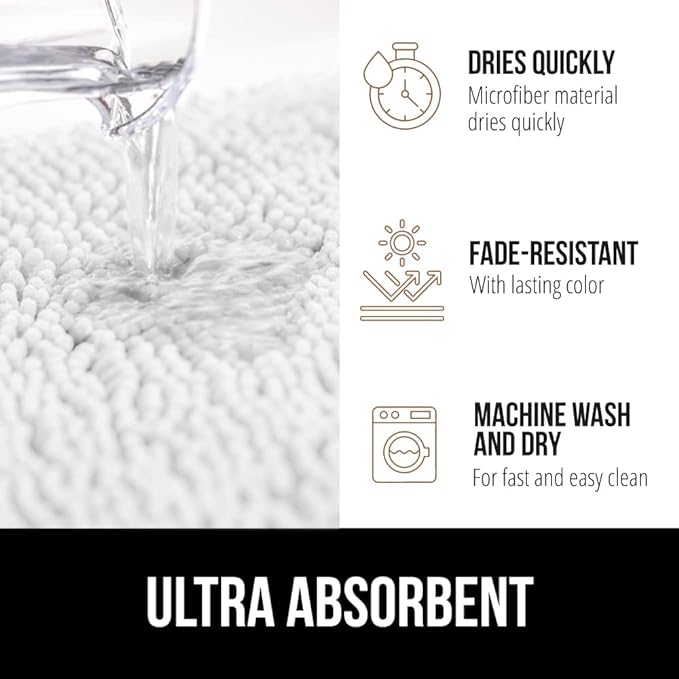 GORILLA GRIP Bath Rug Mat 42x24, Thick Soft Absorbent Chenille, Quick Dry Microfiber Mats, Rubber Backing Washable Shower Floor Rugs, Bathmat Runner, US Designed Bathroom Home Decor Accessories White