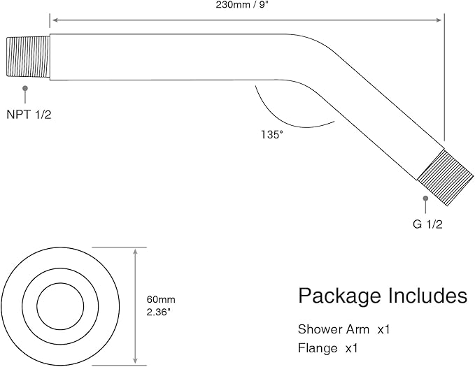 9 Inch Angled Shower Arm with Flange,Wall-Mounted Heavy Duty Stainless Steel, Shower Head Extension Extender Pipe Arm, For Fixed Bathroom Shower Head,Matte Black