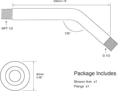 9 Inch Angled Shower Arm with Flange,Wall-Mounted Heavy Duty Stainless Steel, Shower Head Extension Extender Pipe Arm, For Fixed Bathroom Shower Head,Brushed Gold