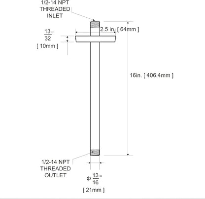 OFFO Shower Arm with Flange, 16 in Brushed Nickel Ceiling Mount Replacement Rain Shower Head Straight Arm Ceiling-Mounted For Fixed Shower Head & High Pressure Rain